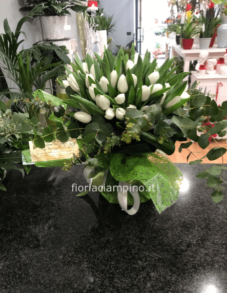 50 tulipani misti con verde decorativo e flowerbag con riserva d'acqua